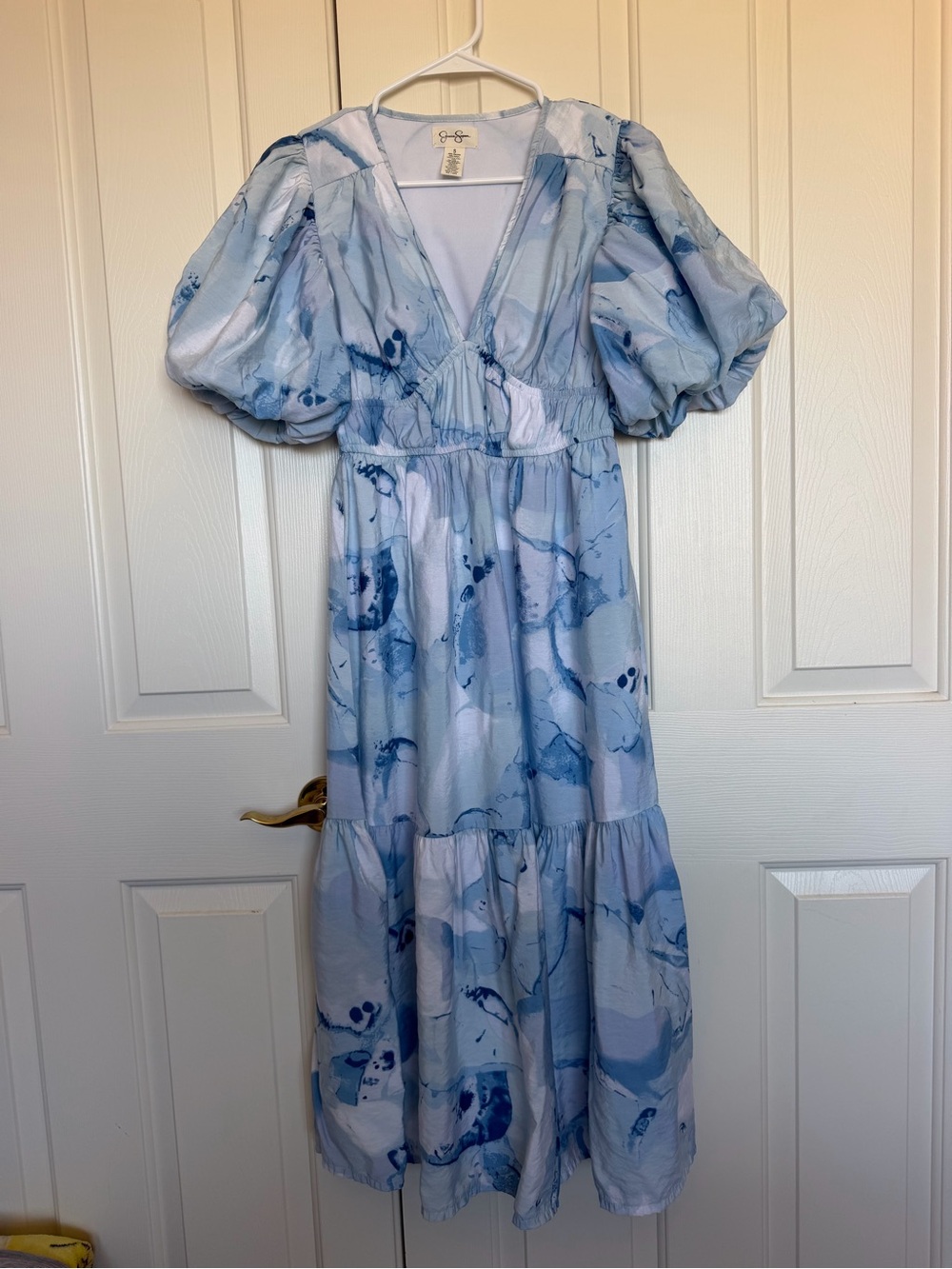 Jessica Simpson Light Blue Watercolor Puff-Sleeve Maxi Dress
